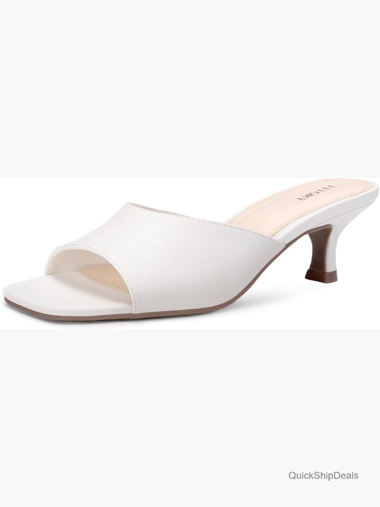 Kitten Heel Sandals Square Open Toe Slides With Elastic Strap Pu Upper Slip-On